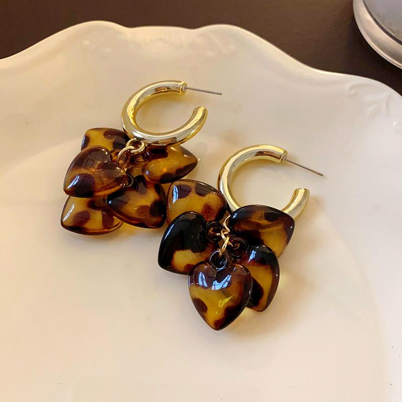 Love Geometric Artificial Tiger's Eye Stone Stud Earrings Retro Maillard Earrings Light Luxury Earrings