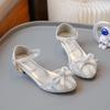 Girls' Bow Sandals 2024 Summer New Fashion Princess Shoes for Party Wedding Kids Rhinestone High Heels Children's Leather Shoes