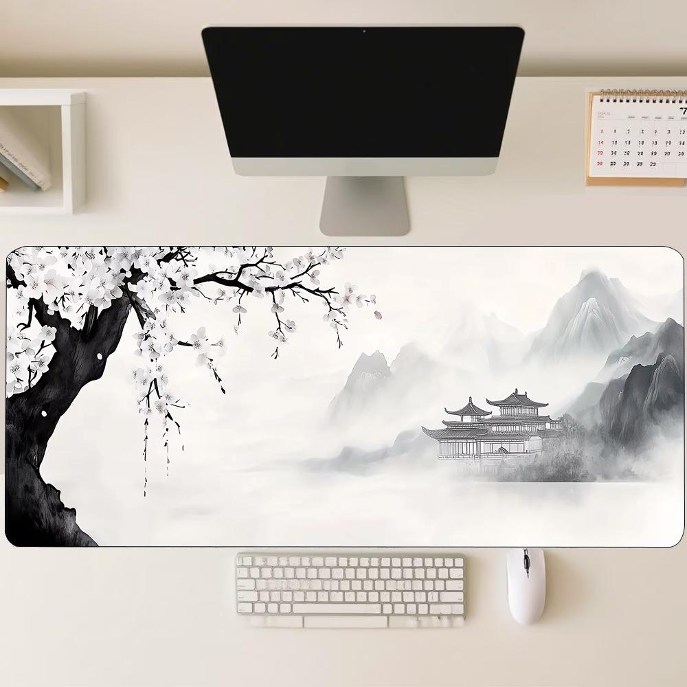 Ink Wash Plum Blossom Large Mouse Pad Non Slip Rubber Desk Mat Stitched Edge For Computer Laptop Home Office Gaming Workspace