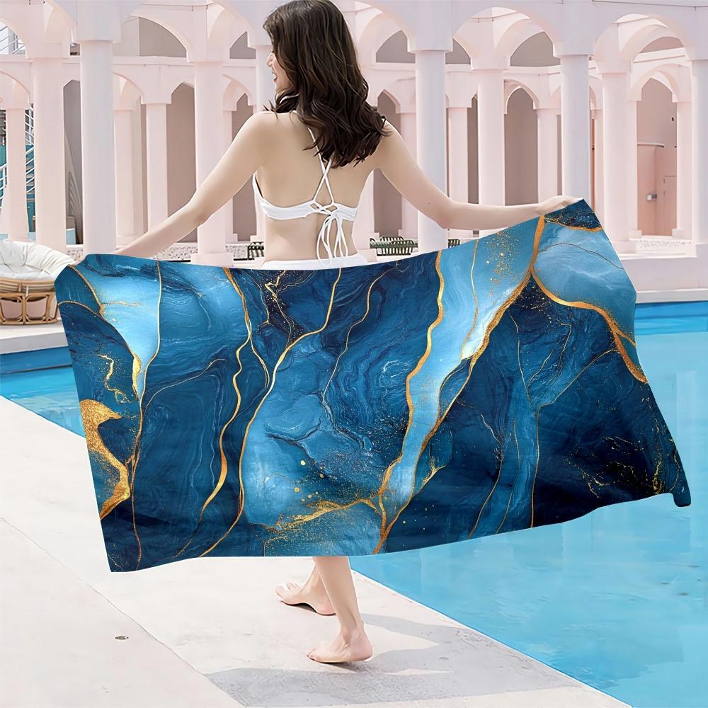 1pc Microfiber Large Beach Towel - Quick-Dry, Lightweight, Absorbent, Oversized, Marble Design with Golden Accents, Perfect for