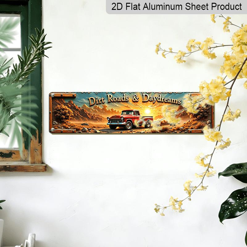 2D Flat Vintage Signboard with Red Classic Pickup Truck Theme Aluminum Decorative Sign | Suitable for Living Rooms, Garages, Themed Restaurants
