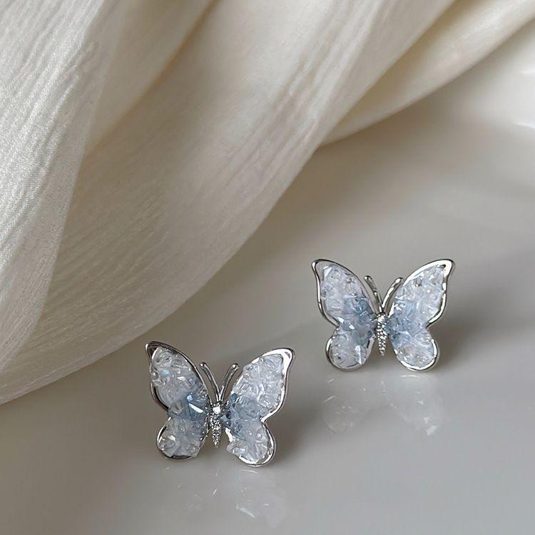 Gradual Change Blue Butterfly Artificial Crystal Stud Earrings Small Fresh Summer Versatile Earrings Sweet Light Luxury Temperament Earrings