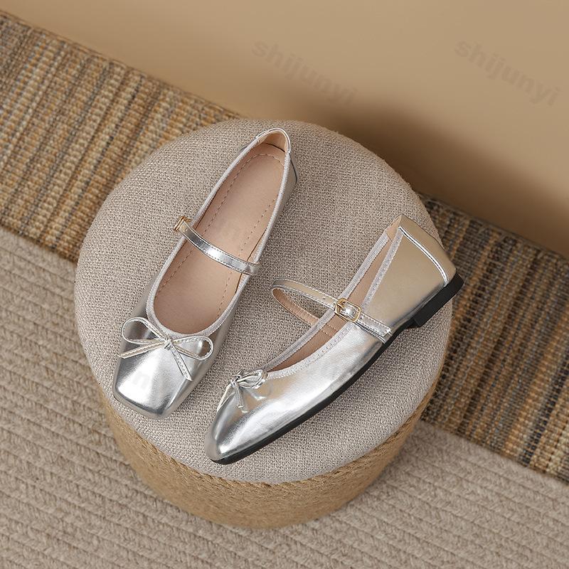 Fashion Large Size Women's Ballet Shoes Autumn Square Toe Soft Sole Bow Knot Mary Jane Shoes Elegant Luxury Fashion Buckle Strap Flats