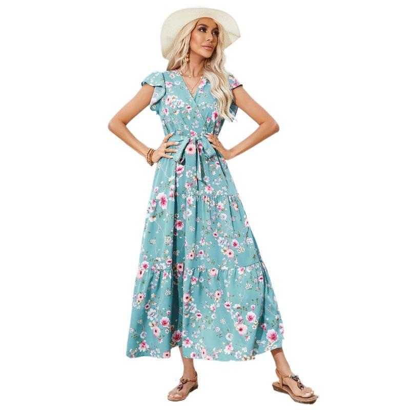 Women's Print Flower Waist Strap V-neck Short-sleeved Dress Bohemian Holiday Beach Dress