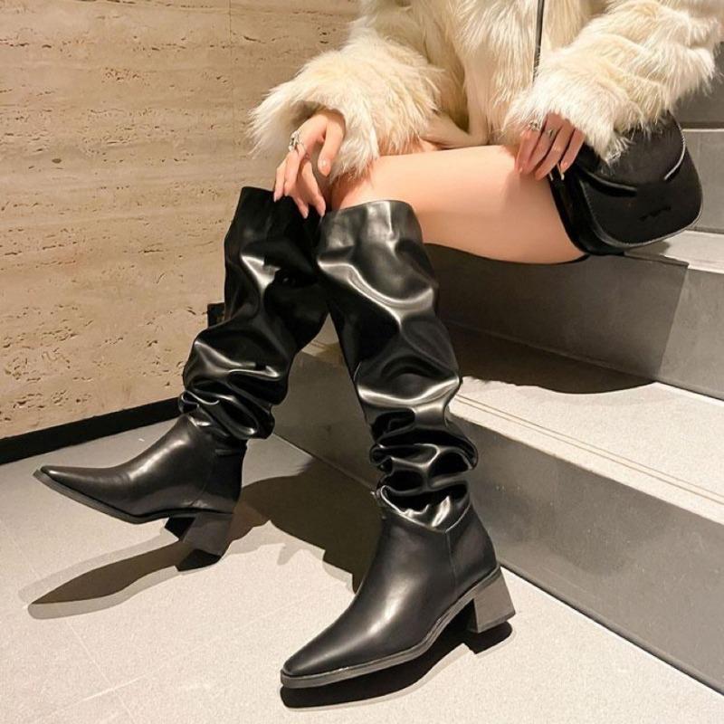 Fashion High Heels Women Pointed Toe Long Boots 2025 Winter New Pleated Comfort Shoes Elegant Fashion Pumps Classical Knee Boots Mujer
