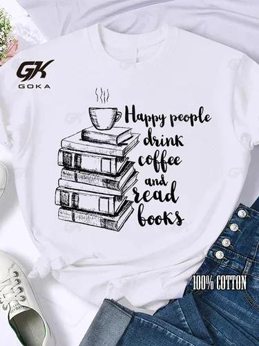Coffee Books Brown Books American Retro Cotton T Shirt Woman Round Neck Half Sleeve T-shirts Printed Tops Woman Oversized Tees