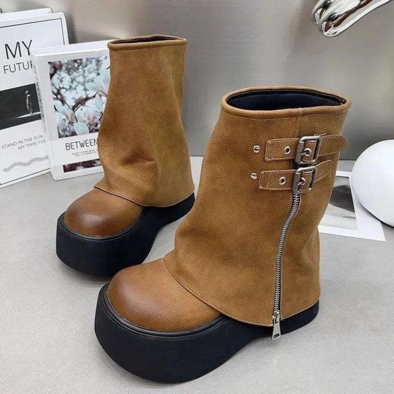 Hot Girl Style Black Brown Round Toe Boots Platform Women Knee High Boots Belt Buckle Slip On Design Side Zipper Knight Boots