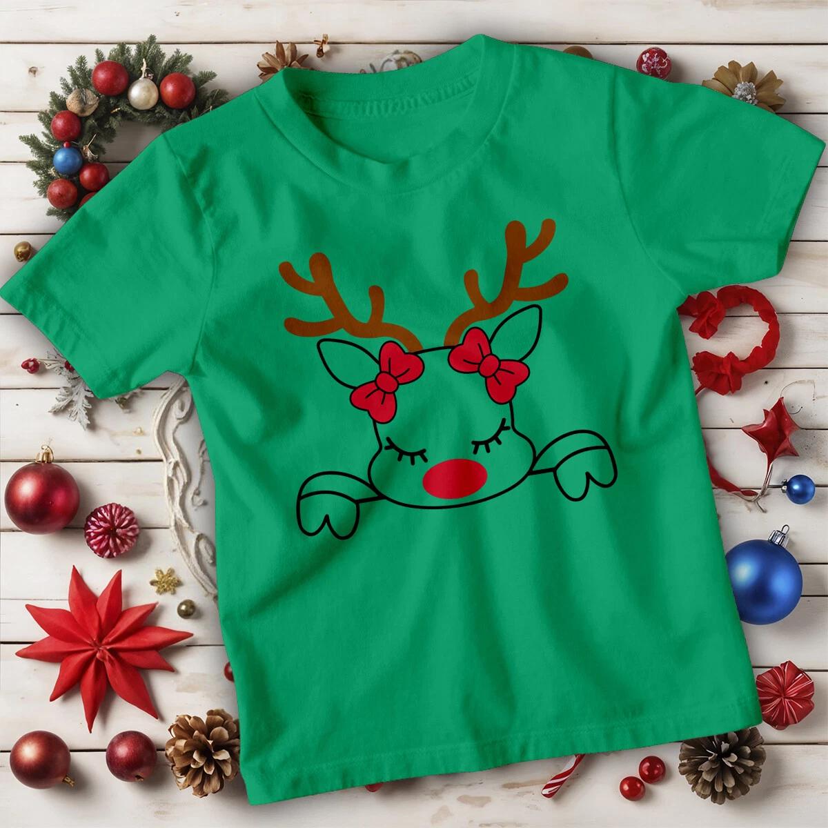Girls Cute Reindeer Red Nose With Bows Christmas T-Shirt Tee for Kids #MC 100