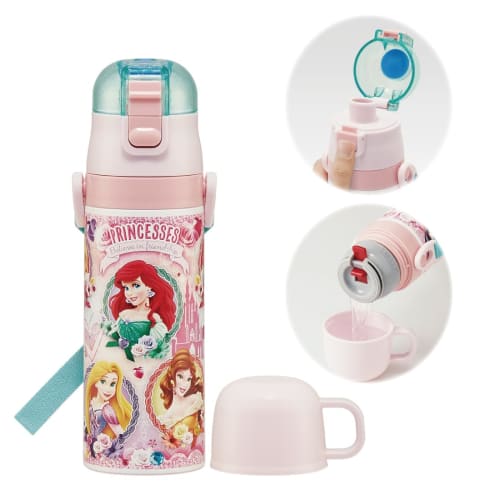 Skater Children's Water Bottle, 2-Way, 470ml (Direct Drinking) or 430ml (Cup Drinking), Disney Princess Design, 24-inch, Girls, Stainless Steel, Insul
