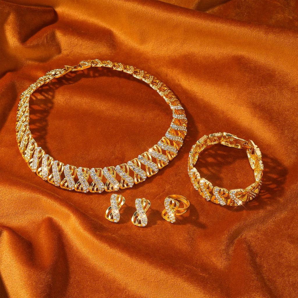 Fashion Gold Plated Jewelry Set Dubai African Choker Necklace Earrings Rings Wedding Bridal Jewellery Sets for Women