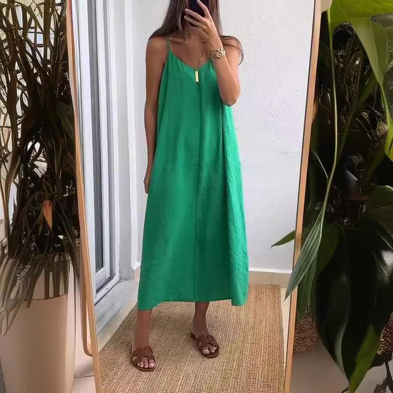 Sommer Damen Locker Spaghettiträger Kleider Damen Einfarbig V-Ausschnitt Lässig Pendeln Ärmellos Langes Kleid Weiblich Vestidos