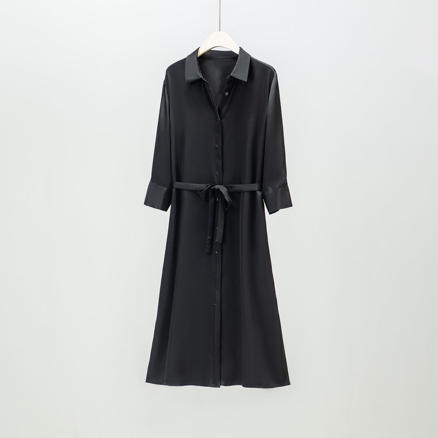 2026 Women s Spring Heavy Silk Three-Quarter Sleeve Shirt Dress, Mid-Length XL чёрный