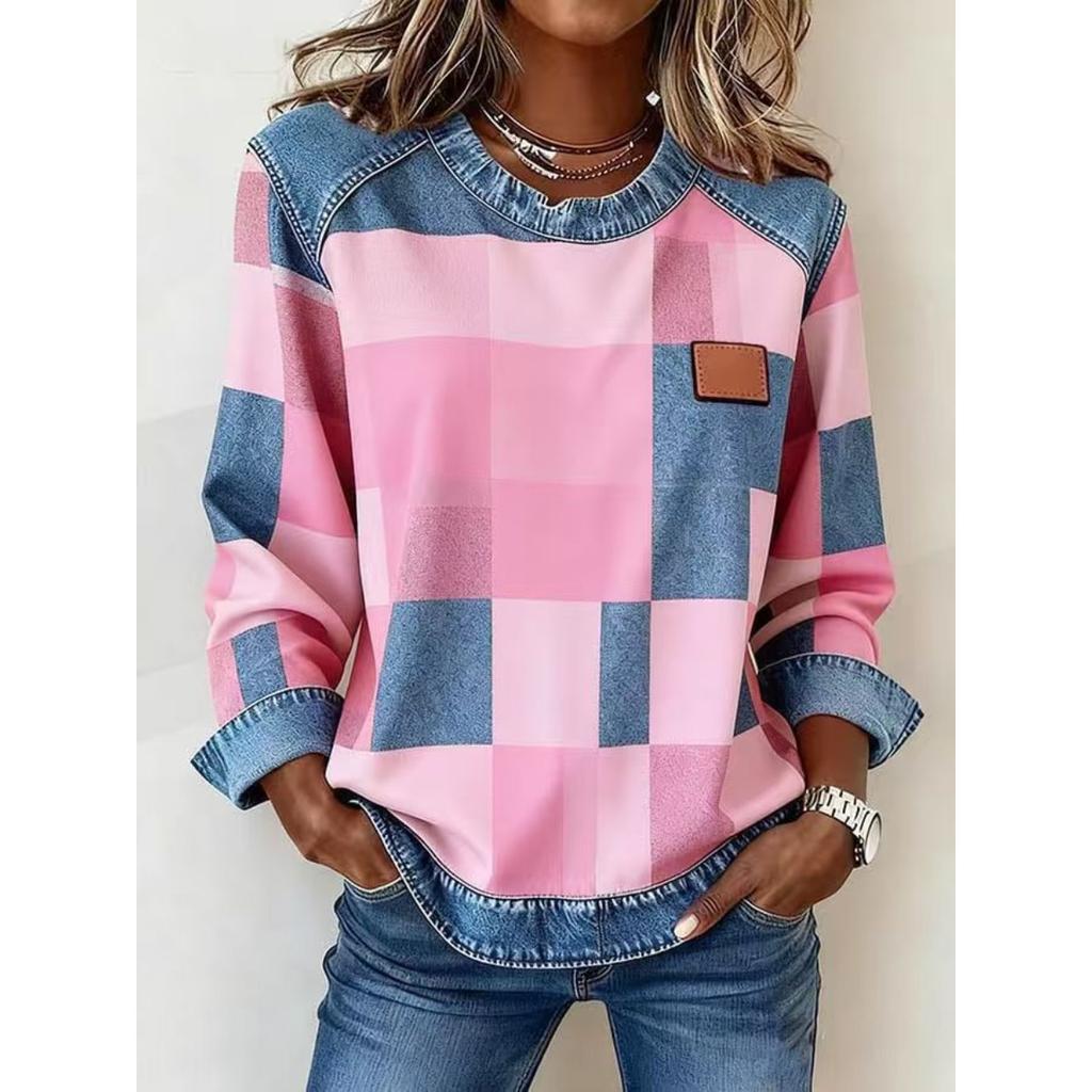 Felpa da Donna Girocollo Manica Lunga Patchwork a Quadri Vestibilità Larga Top da Pendolare Casual a Blocchi di Colore