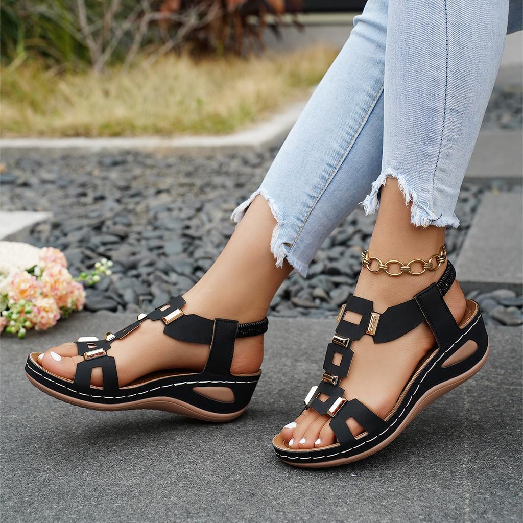Sandali da Donna Estivi con Zeppa e Bocca di Pesce Fibbia Metallica Elastici Slip-On Scarpe alla Moda da Donna Taglie Forti