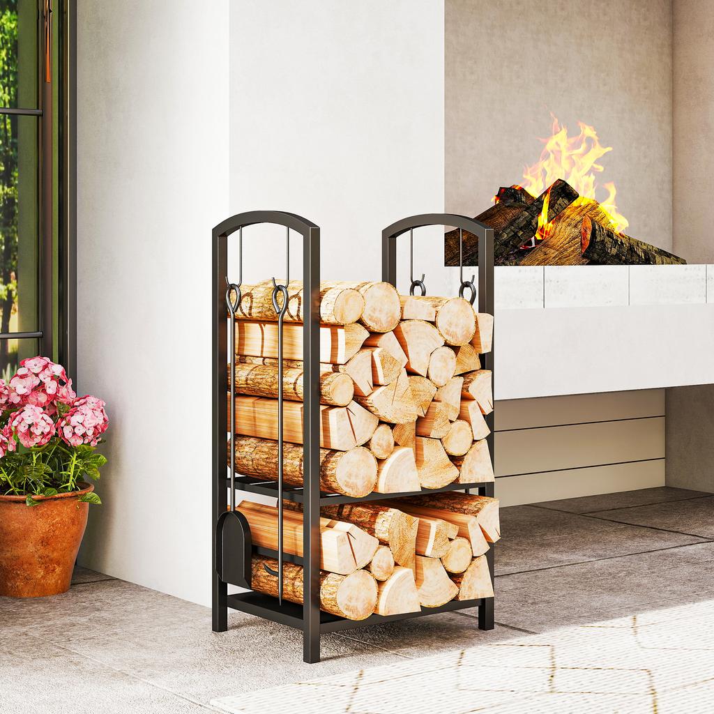 Firewood Rack, Firewood Shelf, 2 Tiers, Fireplace Tool Set, up to 100 kg, Steel, Black, 40 x 30 x 74.5 cm
