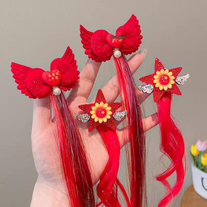 Girls' Day Out Festival Red Bow Wig Clip - Shiny Silk Braided Curly Hair Accessory