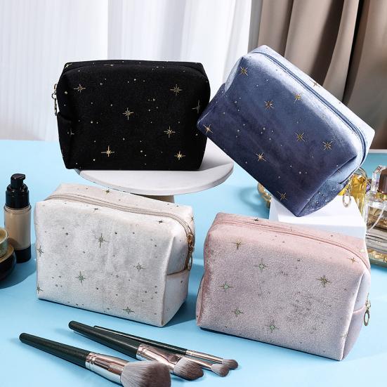 Cosmetic Bag Travel Toiletry Bag Spacious Capacity Velvet Exterior Star Pattern Lipstick Eye Shadow Portable Organizer