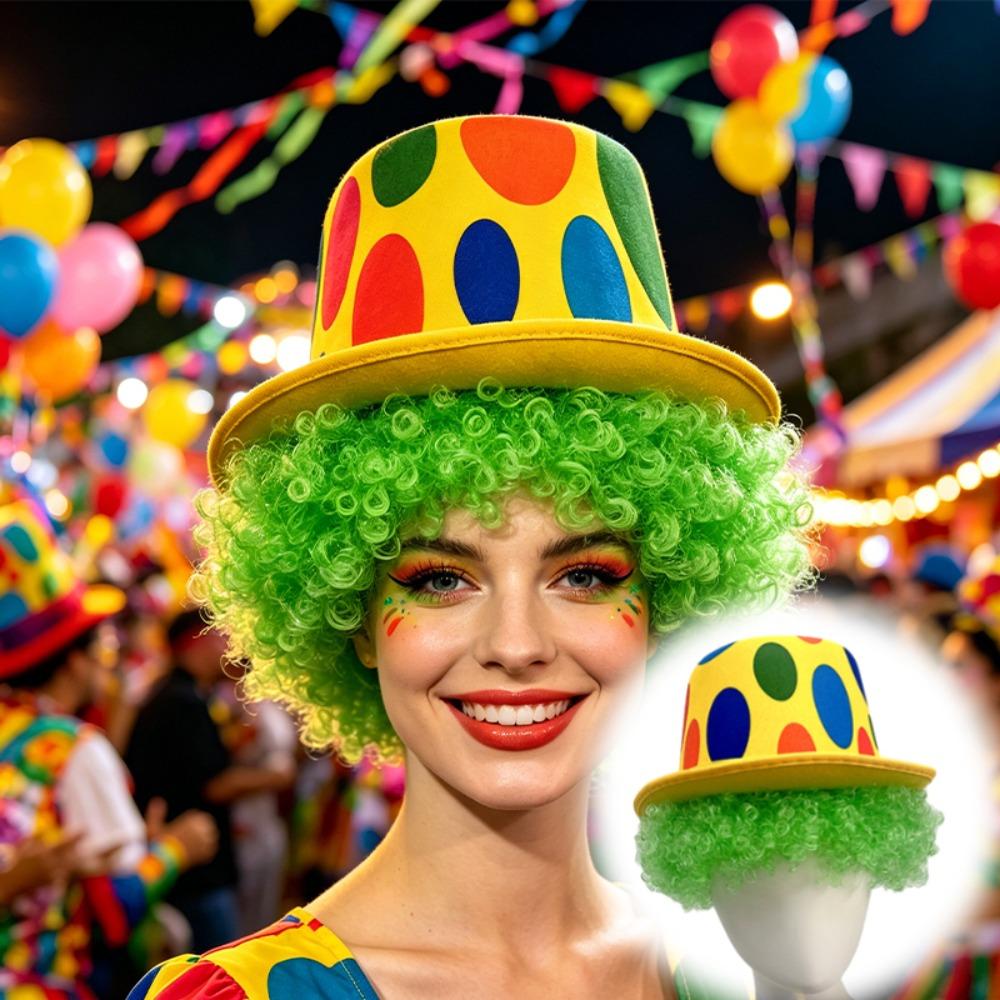 Colorful Afro Clown Wig Top Hat Set Rainbow Polka Dot Print High Hat Themed Parties