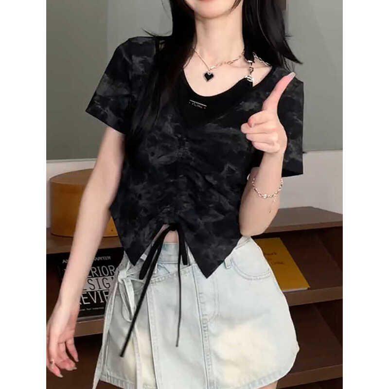 

Футболка большого размера с халтер-вырезом, имитация двойки: Утягивающий топ, закрывающий живот, на лето 2025 M: Up to 100 lbs