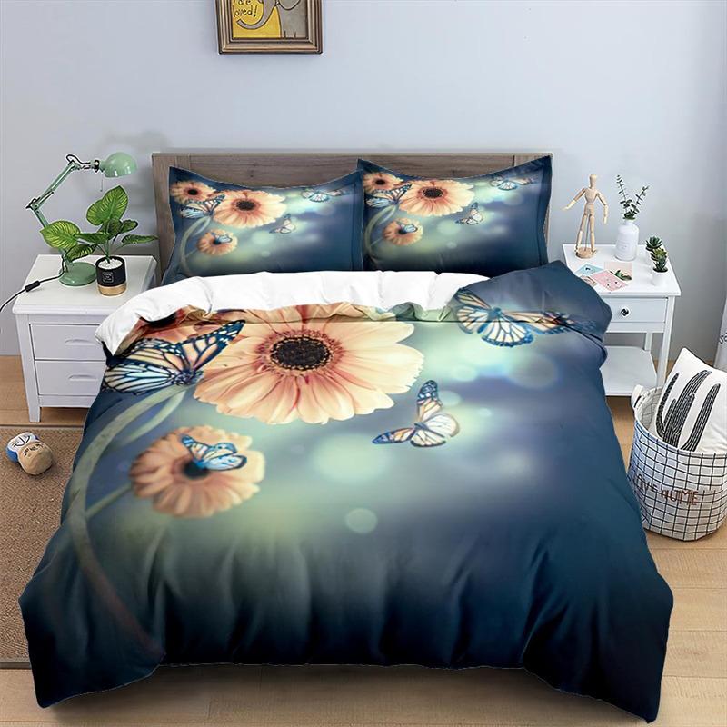 Soft Butterfly Floral Duvet Cover Queen Size For Adults Kids Girls Teens Bedroom Decor Flowers 3D Print Bedding Set Pillowcases