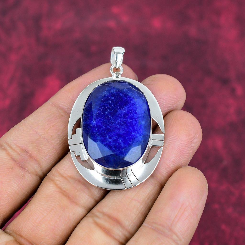 Blue Sapphire Pendant, Handmade Gemstone Pendant, 925 Solid Sterling Silver Pendant Antique Jewelry, For Engagement Gift