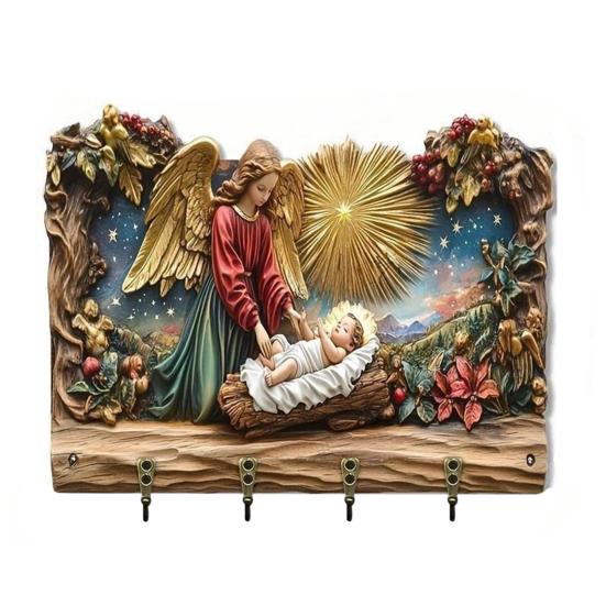 Dřevěný křesťanský držák na klíče 2D plochý Ježíš přijímání umění klíčenka stojan se 4 háčky náboženský nástěnný stojan na klíče pro vstupní halu domácí dekorace