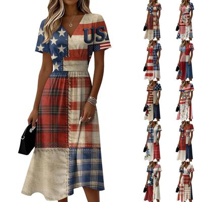 Damen Unabhängigkeitstag Print Lässiges Mode Kurzarm V-Ausschnitt Kleid