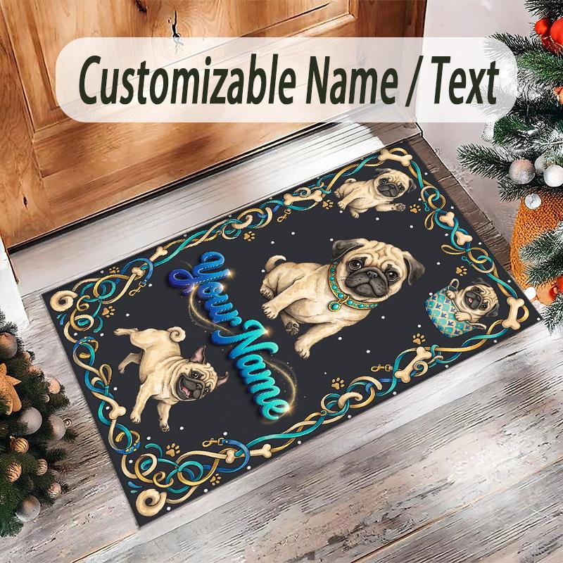 Pug Theme Crystal Velvet Floor Rug Personalized Custom Name Text Warm Carpet Home Decoration