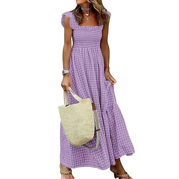 Women's Summer Retro Long Dress Spaghetti Strap Square Neck Plaid Maxi Dress Loose Big Swing Elegant Dress