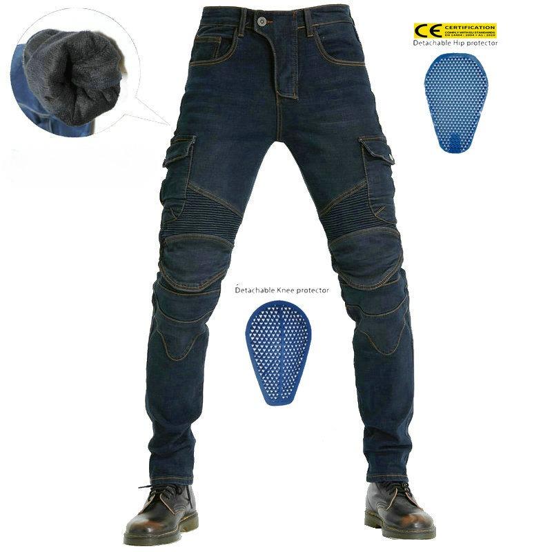 

New product Motorcycle Jeans Men s Winter Fleece Cycling Pants Multi-Bag Motorcycle Cargo Pants Silicone Protector 4XL