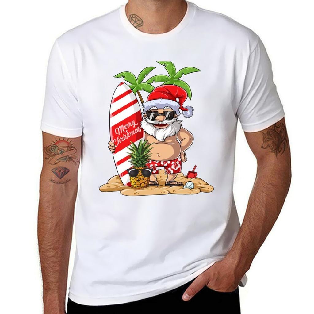 Santa Hawaiian Surfing T Shirt Christmas Summer Surf Hawaii Tshirt Retro Style Print Casual Top