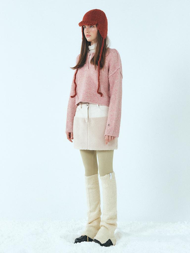 ETMON Neck-Slit Knit Pullover, Pink