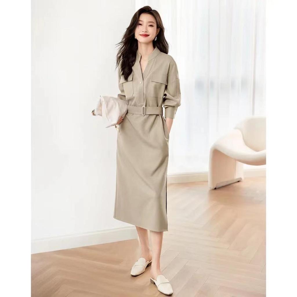 2025 Autumn V-neck Waist-Cinching Slimming Shirt Dress for Women