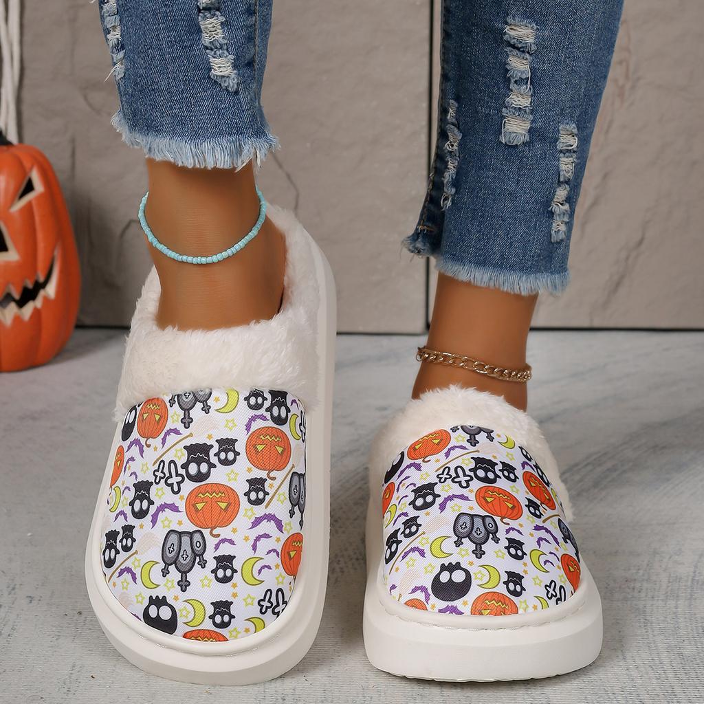 2024 New Halloween Pumpkin Skull Pattern Printed Strap Comfortable Home Cotton Shoes