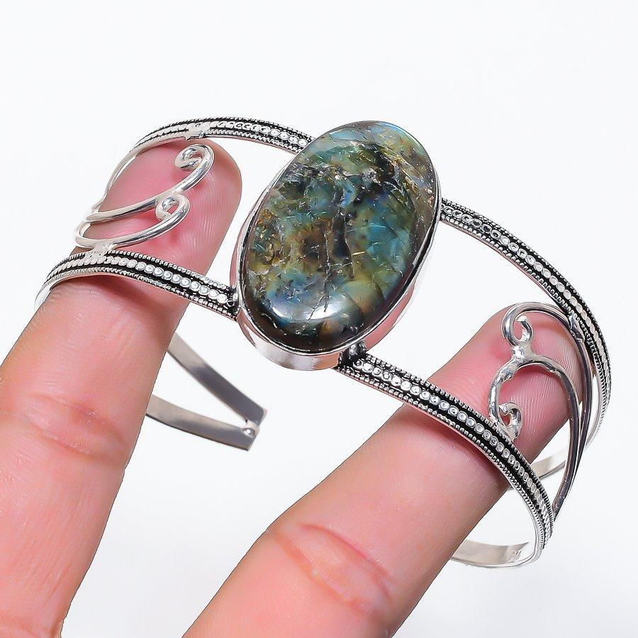 

Natural Labradorite Gemstone 925 Sterling Silver Cuff Bangle Adjustable k9l70
