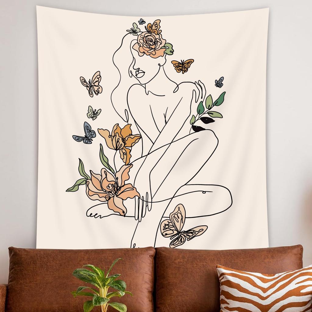 Abstract Woman Butterfly Fabric Wall Hanging Tapestry Minimalist Modern Flower Plant Mid Century Terracotta Aesthetic Portrait