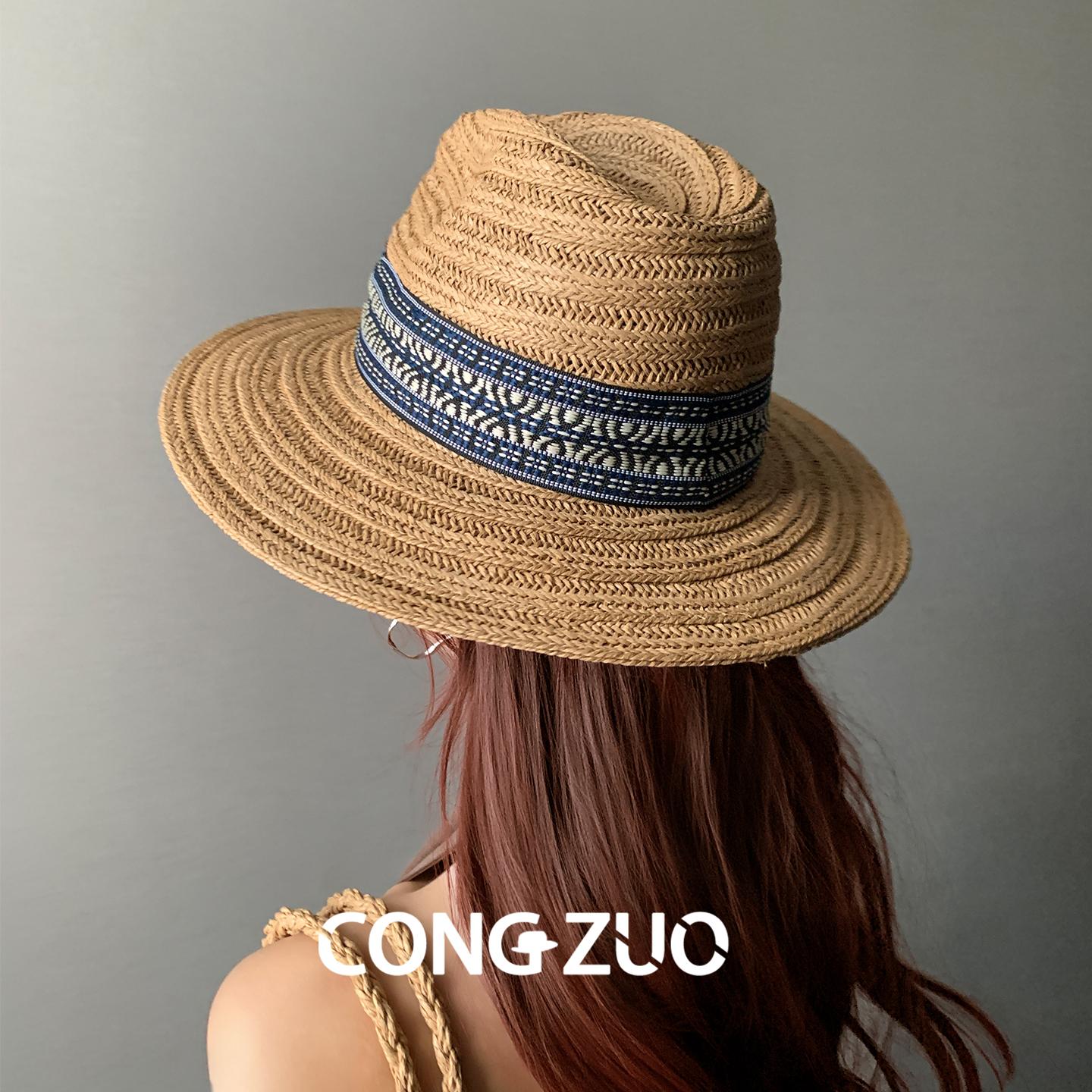 

Designer ethnic style hat women s summer straw hat big brim top hat vacation beach sunshade sun hat adjustable