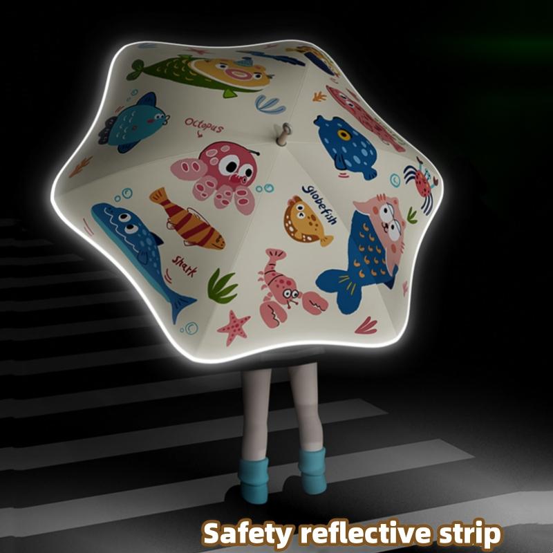 Safety Kids Umbrella With Reflective Strip Cute Rounded Corner Umbrellas With Funny Wheel UPF50+ Anti-UV Sun Rain Parasol