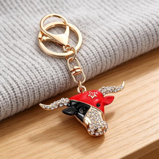 Creative Bull Head Keychain Alloy Animal Pendant with Colored Rhinestone Lobster Clasp Stylish Accessory for Keys Bags Backpacks Gift