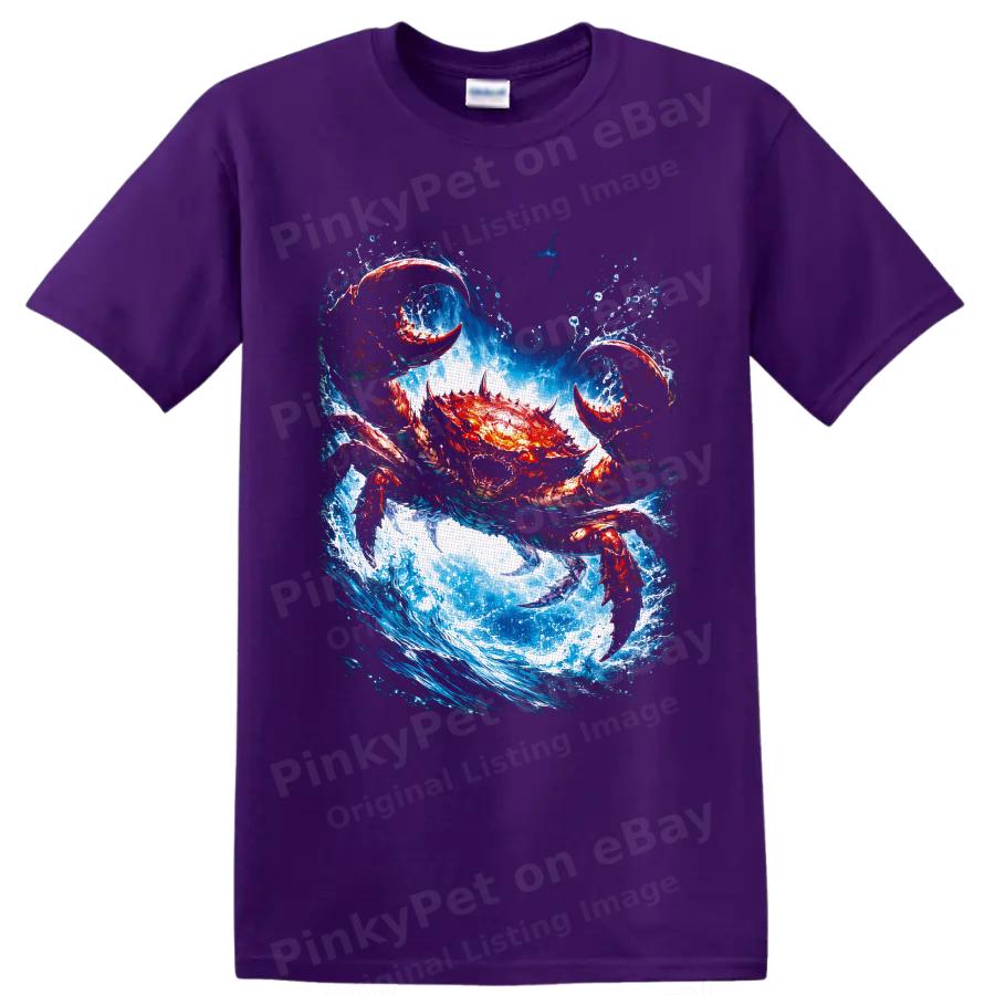 Crab T Shirt W/ Ocean Wave Red Blue Aquatic Animal Fantasy Sea Art Graphic Tee
