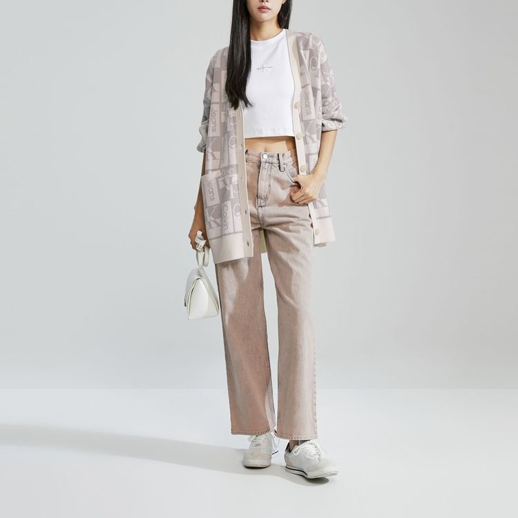 Calvin Klein Minimalist Letter Jacquard Button V-Neck Knit Sweater Women sweater Light-Gray J222311PEE