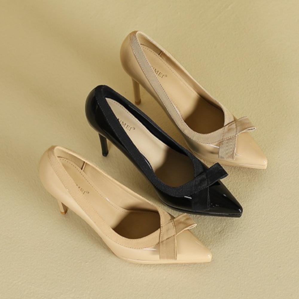 Fashion Pointed Stiletto High Heels Women's Shallow Mouth Bow High Heels Single Shoes Waterproof Table Patent Leather Women's Shoes