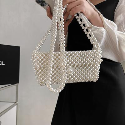 Fashion Pearl Bag Summer New Handmade Beaded Shoulder Oblique Span Women's Bag Simple Trend Woven Small Square Bag
