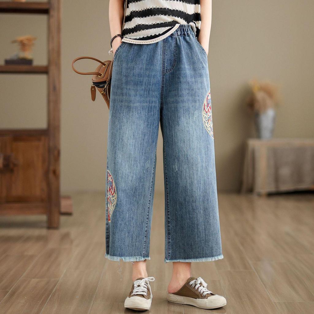 Women's High-Waist Wide-Leg Embroidered Jeans - Loose Fit, Raw Edge, Nine-Point Cotton, Plus Size, Casual Spring/Summer Pants