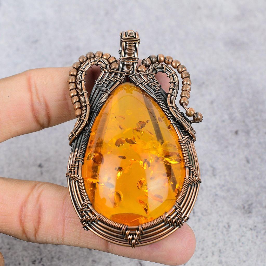 Baltic Amber Pendant, 999 Copper Wire Wrapped Gemstone Jewelry, Handmade Pendant For Mother Day