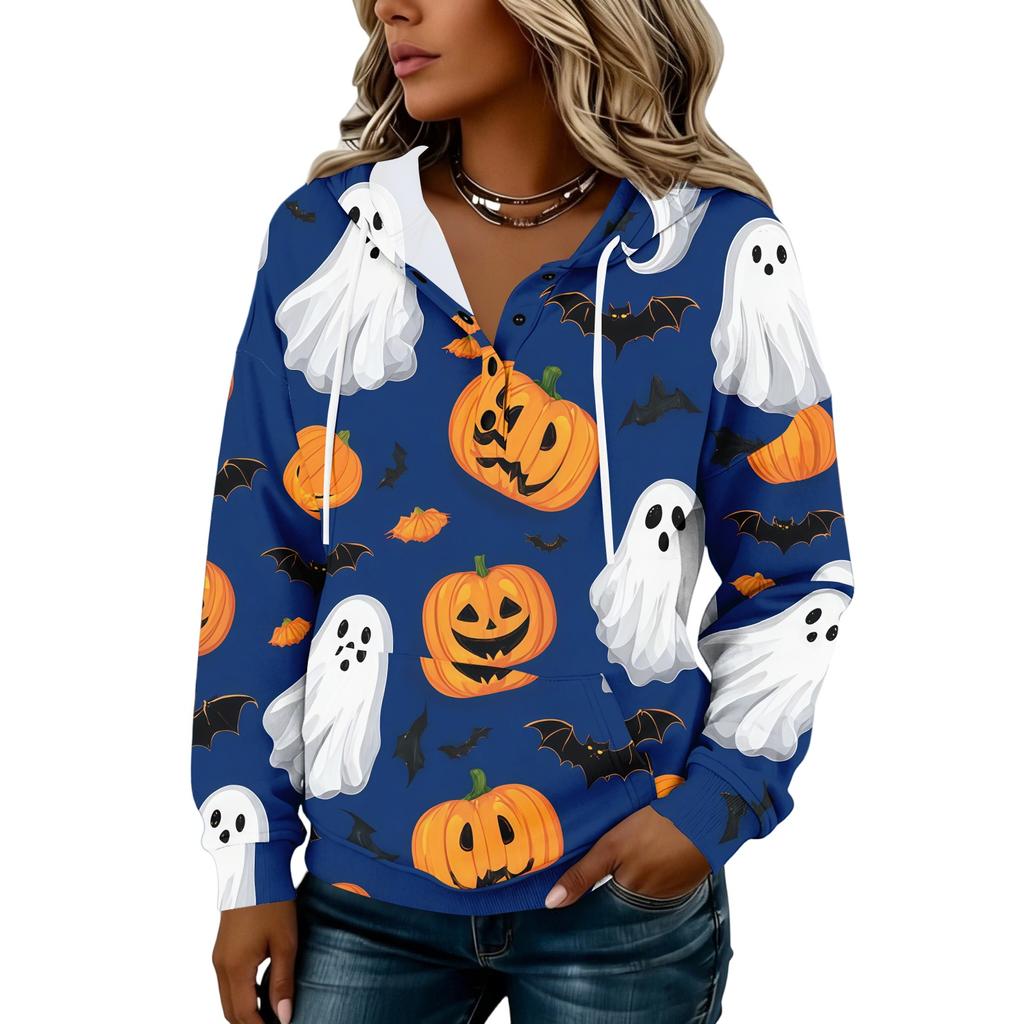 Women's Fashion Hooded Button Front Halloween Print Sweatshirt