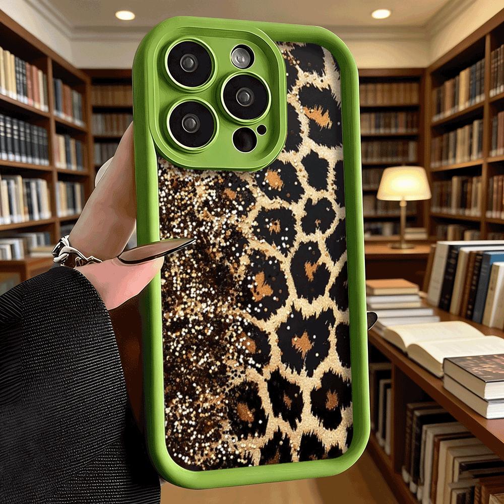 Gold Glitter Leopard Print Phone Case for iPhone 17 16 15 14 13 12 11 Pro Max Plus Anti Scratch, Gel Flexible Protective