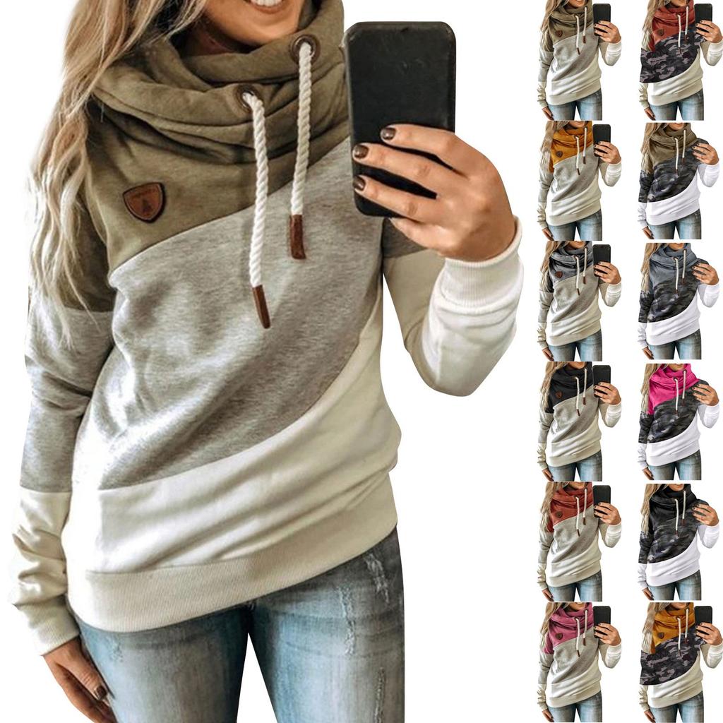 Hanorac de damă ocazional, cu glugă, imprimat cu îmbinare în blocuri de culoare