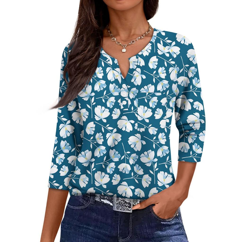Damska Codzienna Modna Dekolt V Luźna Wszechstronna Kwiatowy Wzór Rękawy Trzyczwarte