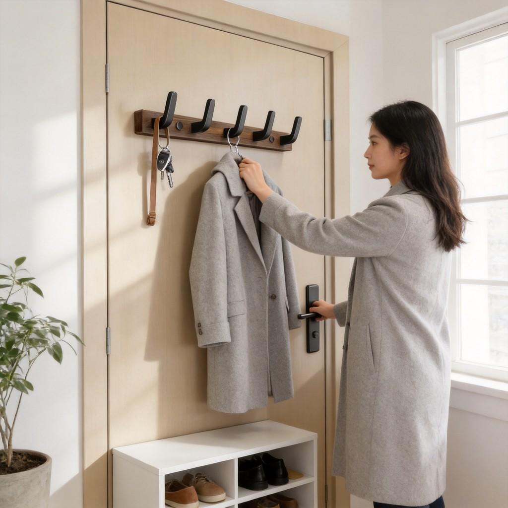 Walnut Wood Wall Hook Rack With Hooks For Entryway And Closet Organizer